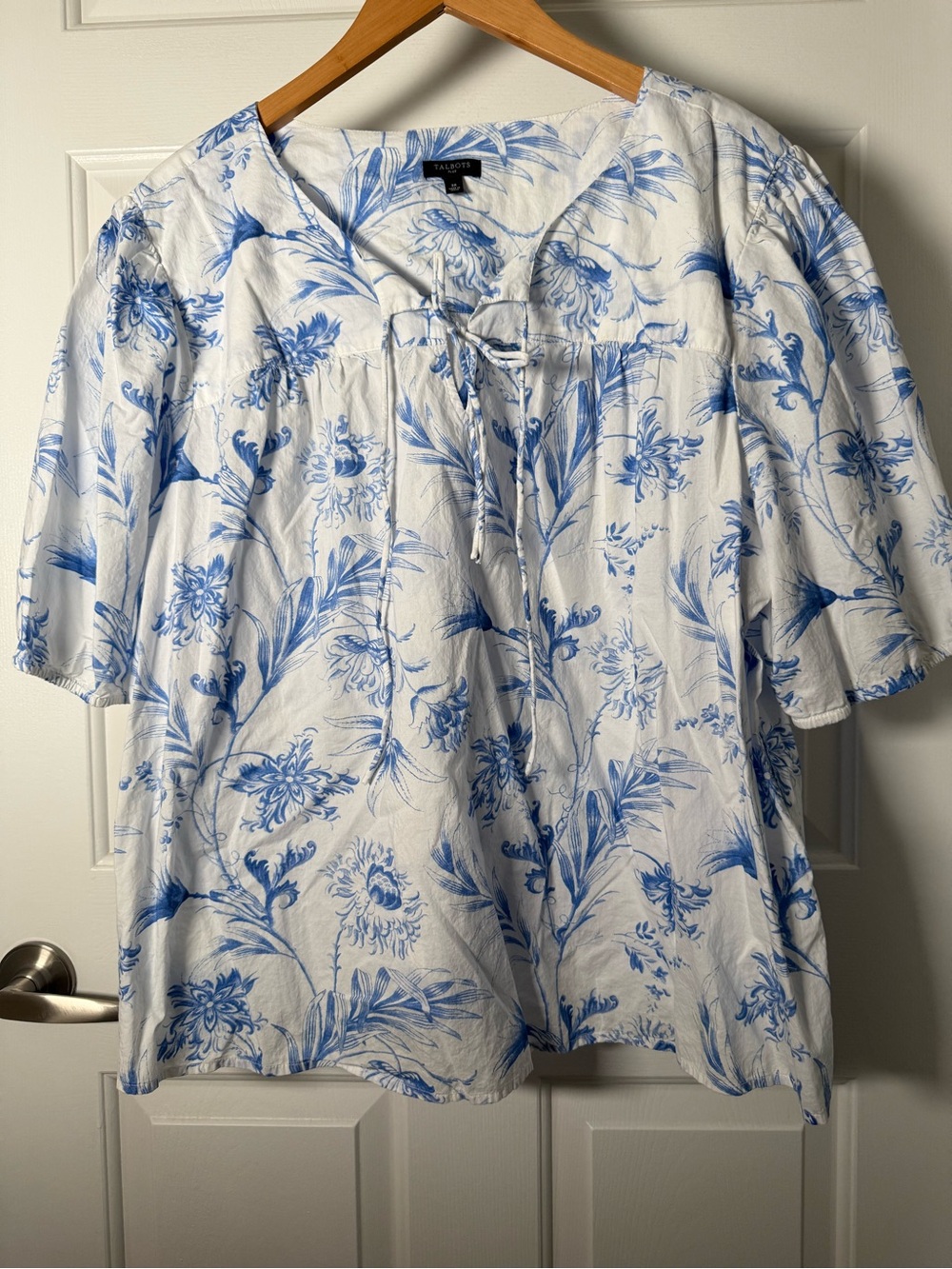 Talbots White Top with Blue Floral Print and Tie-Neck